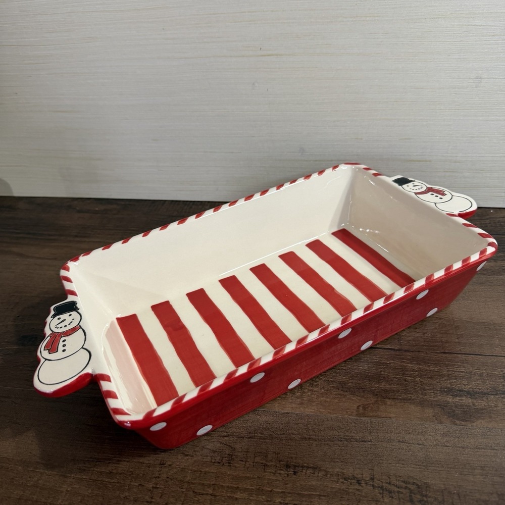 Nantucket Home Christmas Snowman Ceramic Loaf Baking Dish Pan Stripes Polka Dot